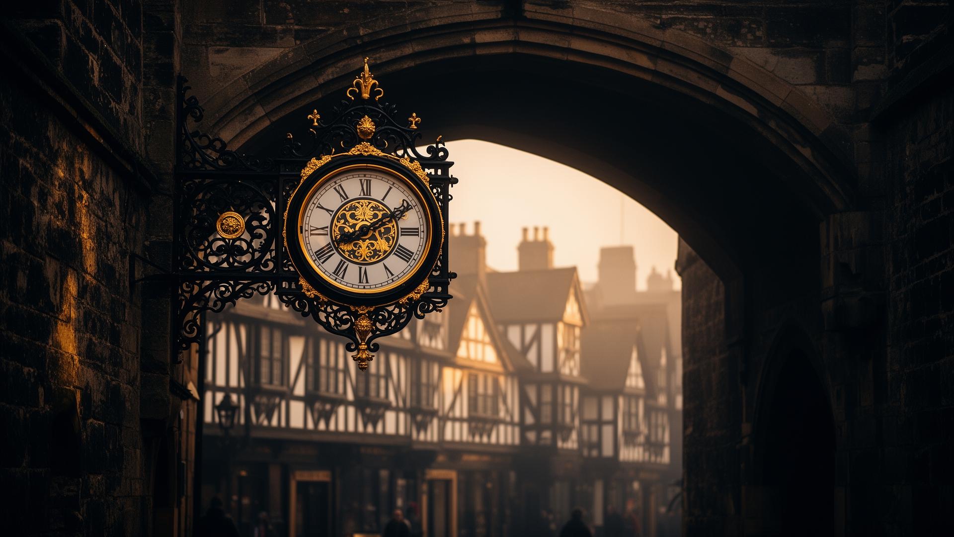 The Eastgate Clock on Chester's historic Roman city walls at golden hour